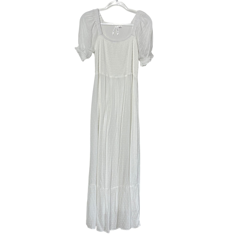 Seraphine Maternity Maxi Dress Womens 8‎ White Swiss Dot Smocked Puff Sleeve